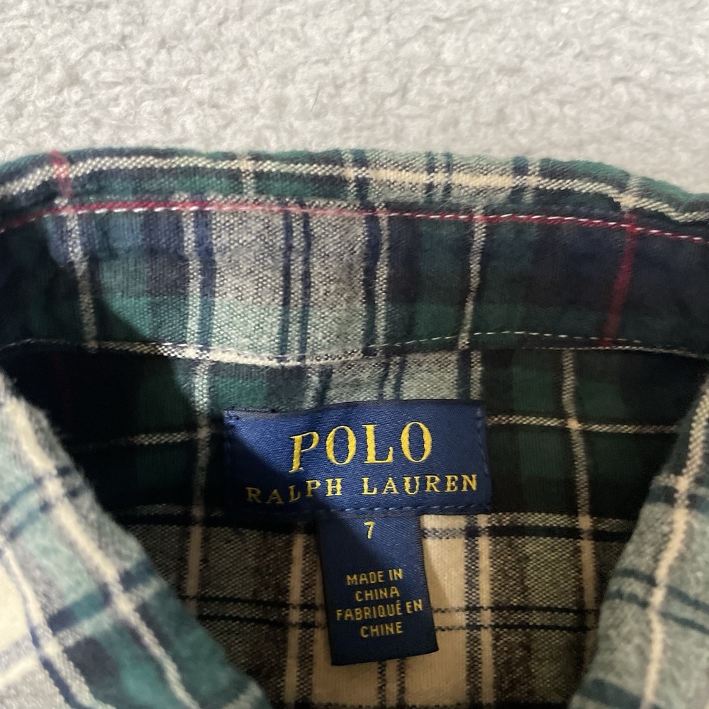 POLO Ralph Lauren Boys' Flannel Button Down Shirt Size 7 Green White Blue Plaid - Picture 5 of 6